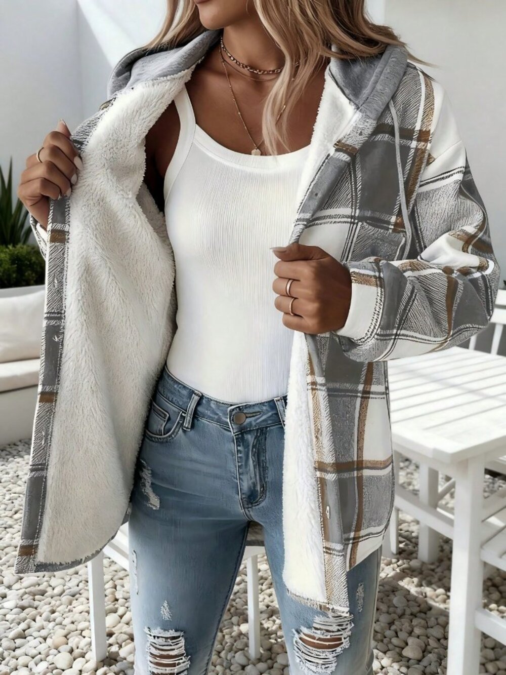 Grey Casual Women's Wind-Proof Soft Hooded Shacket